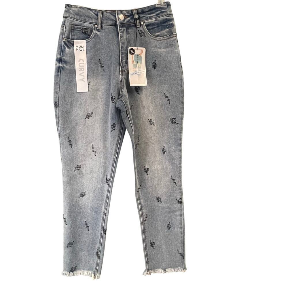 Tinseltown Hi Rise Mom Jeans Snake Serpent Embroidery Size 7 Curvy Raw Hem NEW